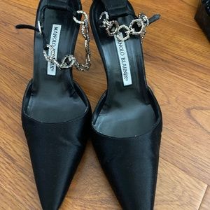 Manolo Blahnik satin pumps with rhinestone ankle